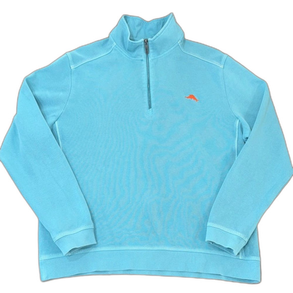Tommy Bahama Aqua Blue Quarter Zip Pullover Cotton Sweatshirt XL Marlin Logo - Picture 2 of 10